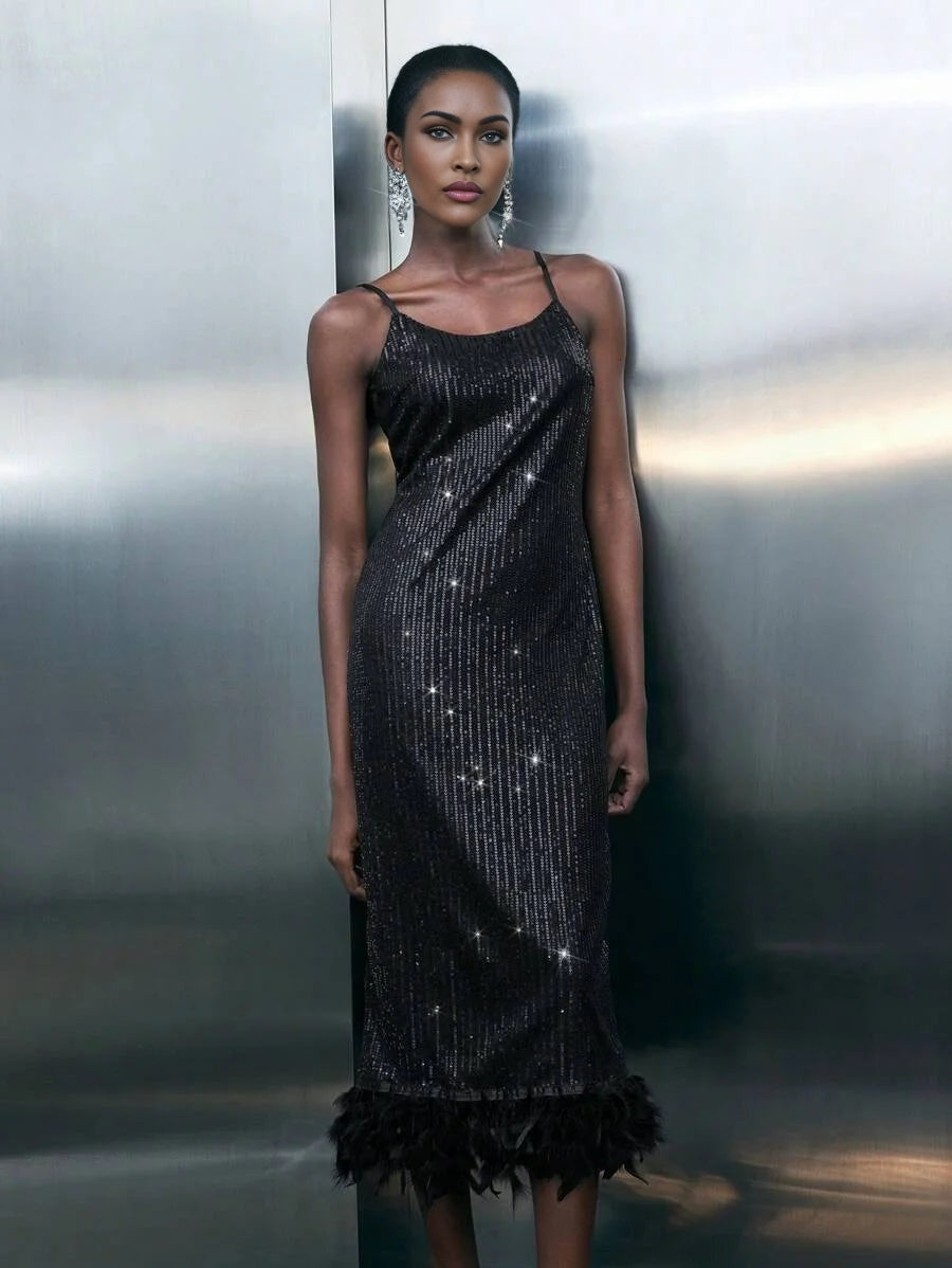 Womens Christmas Party Sequin Fluffy Patchwork Spaghetti Strap MidLength Dress AutumnWinter Fashion
