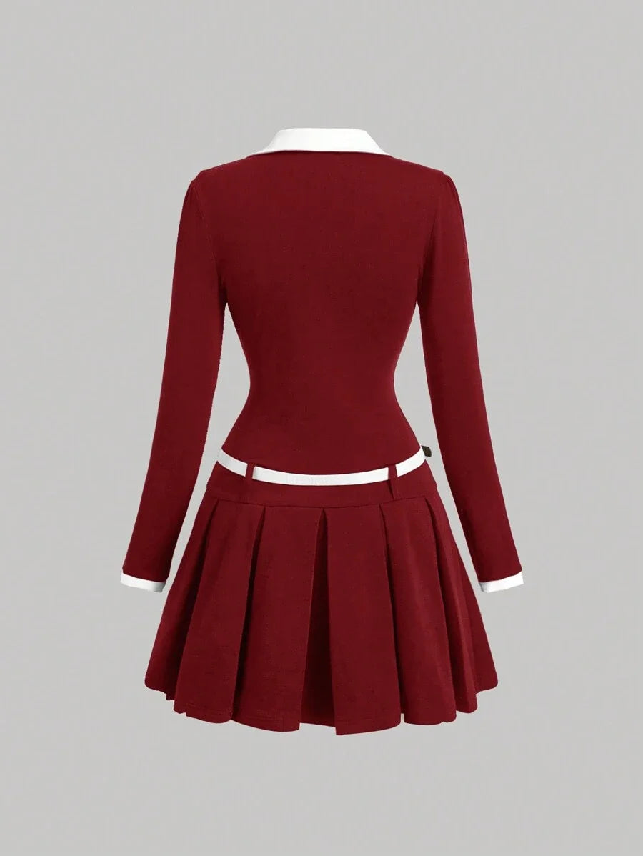 Womens Color Red White Belted Tennis TShirt Dress Back To School Long Sleeve Knit DressFall Women