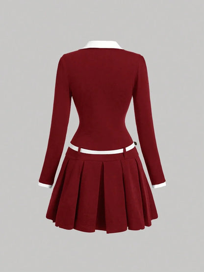 Womens Color Red White Belted Tennis TShirt Dress Back To School Long Sleeve Knit DressFall Women