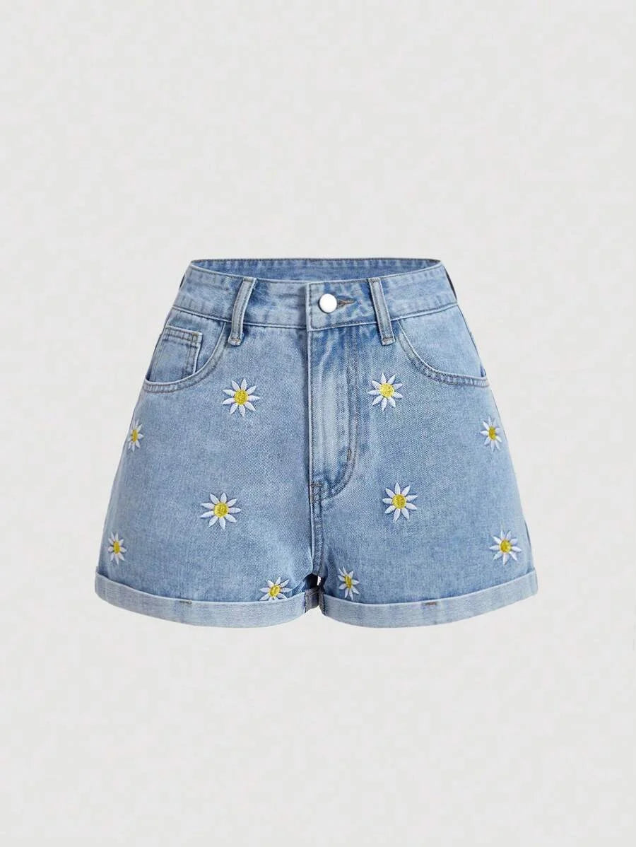 Womens Daisy Embroidery Rolled Hem Denim Shorts For Summer