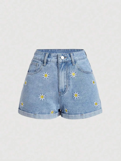 Womens Daisy Embroidery Rolled Hem Denim Shorts For Summer