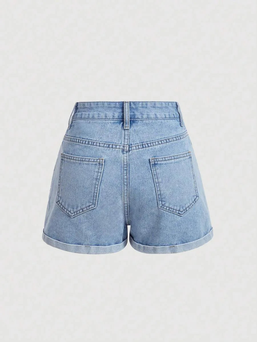 Womens Daisy Embroidery Rolled Hem Denim Shorts For Summer