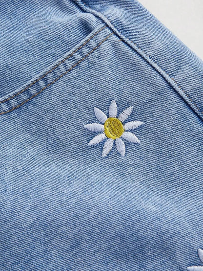 Womens Daisy Embroidery Rolled Hem Denim Shorts For Summer