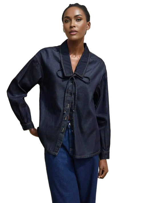 Womens Dark Blue Denim Top Loose Denim Shirt Peter Pan Collar Bowknot Casual And Versatile