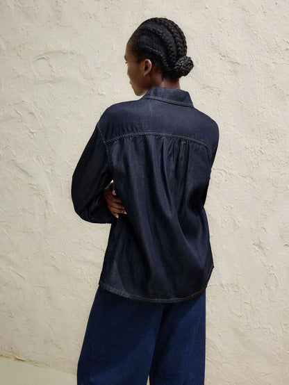 Womens Dark Blue Denim Top Loose Denim Shirt Peter Pan Collar Bowknot Casual And Versatile