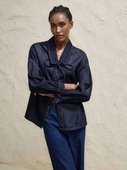Womens Dark Blue Denim Top Loose Denim Shirt Peter Pan Collar Bowknot Casual And Versatile