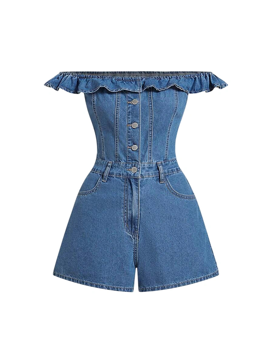 Womens Denim Bib Overalls amp Jumpsuit Casual Off Shoulder Shorts Blue
