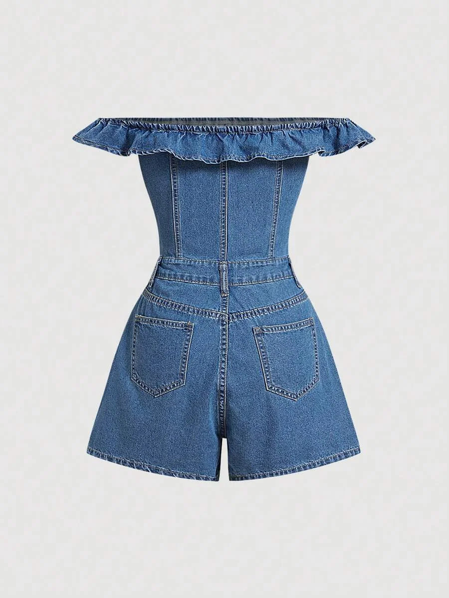 Womens Denim Bib Overalls amp Jumpsuit Casual Off Shoulder Shorts Blue