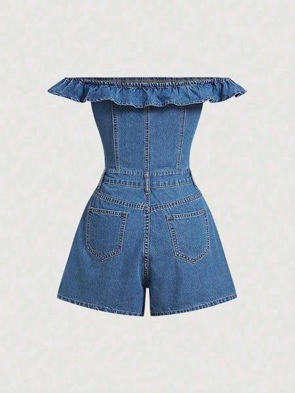 Womens Denim Bib Overalls amp Jumpsuit Casual Off Shoulder Shorts Blue
