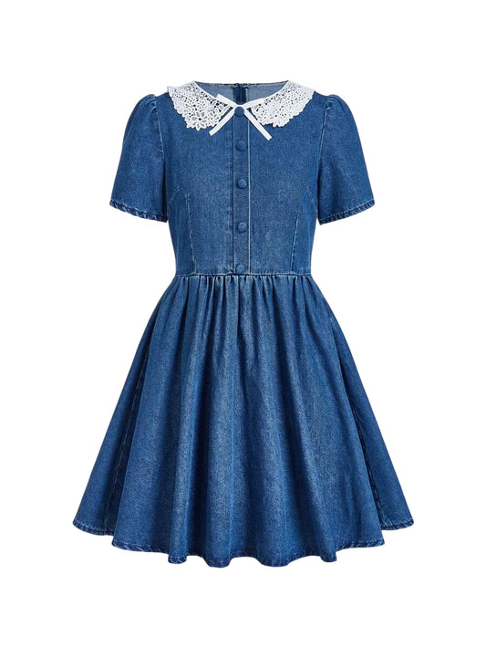 Womens Denim Dress Sweet Short Sleeve Short Length Puff Sleeve Fitted Style Blue