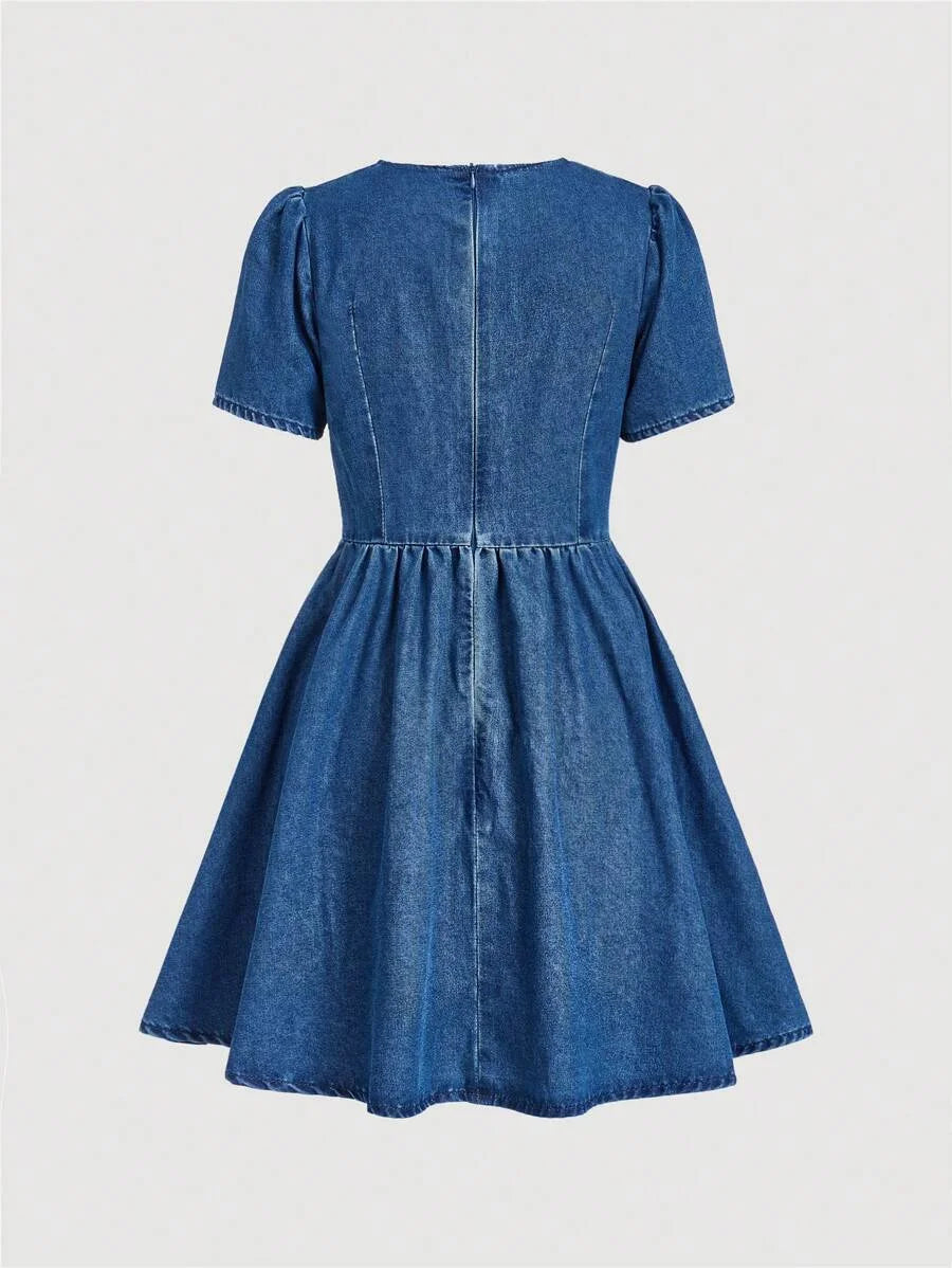 Womens Denim Dress Sweet Short Sleeve Short Length Puff Sleeve Fitted Style Blue