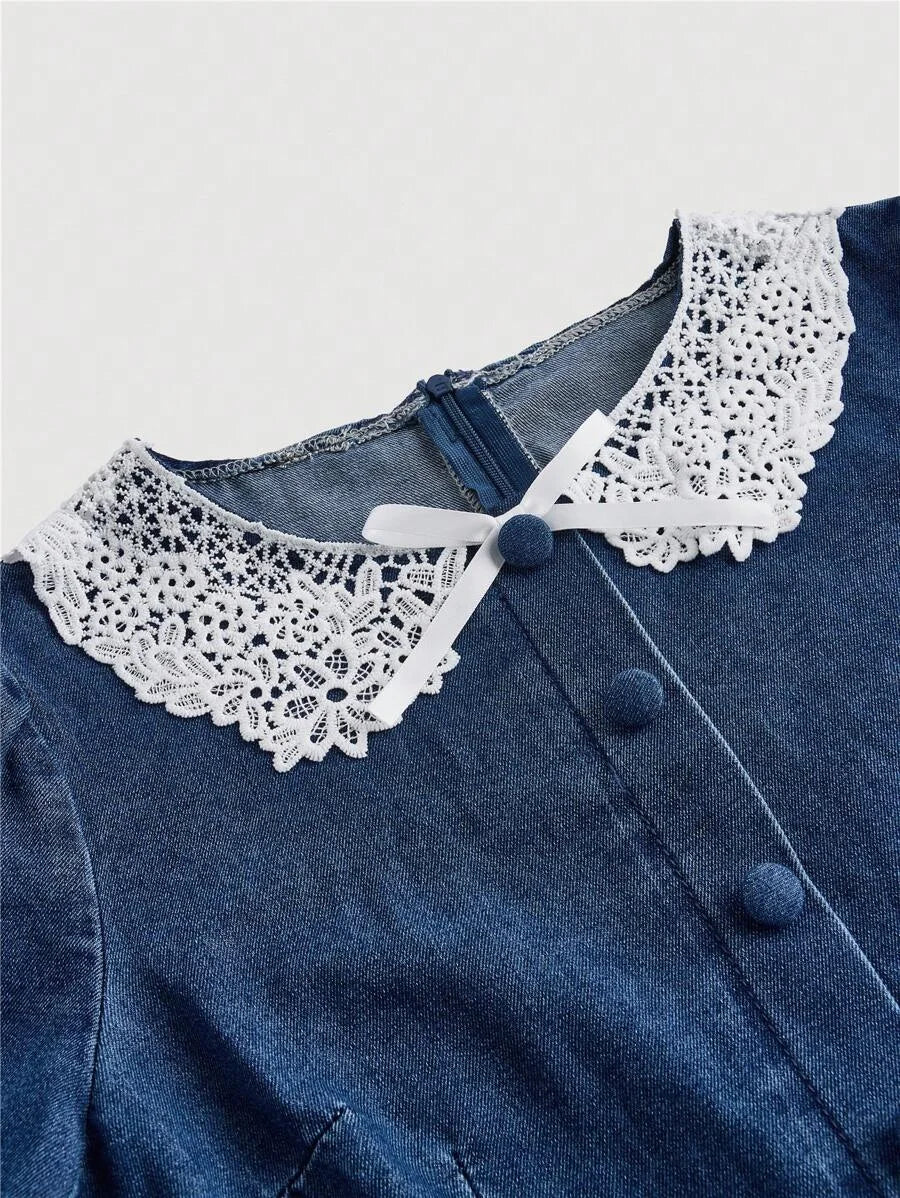 Womens Denim Dress Sweet Short Sleeve Short Length Puff Sleeve Fitted Style Blue