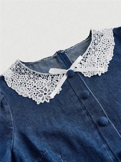 Womens Denim Dress Sweet Short Sleeve Short Length Puff Sleeve Fitted Style Blue