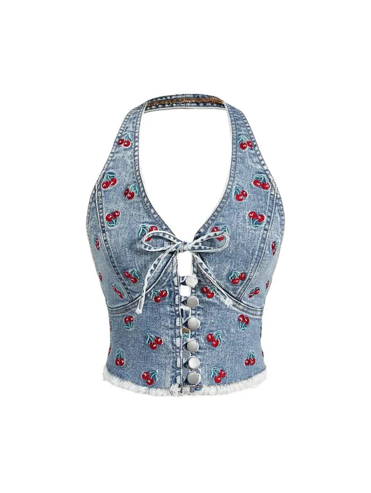Womens Denim Halter Jacket With Front Tie And Cherry Pattern