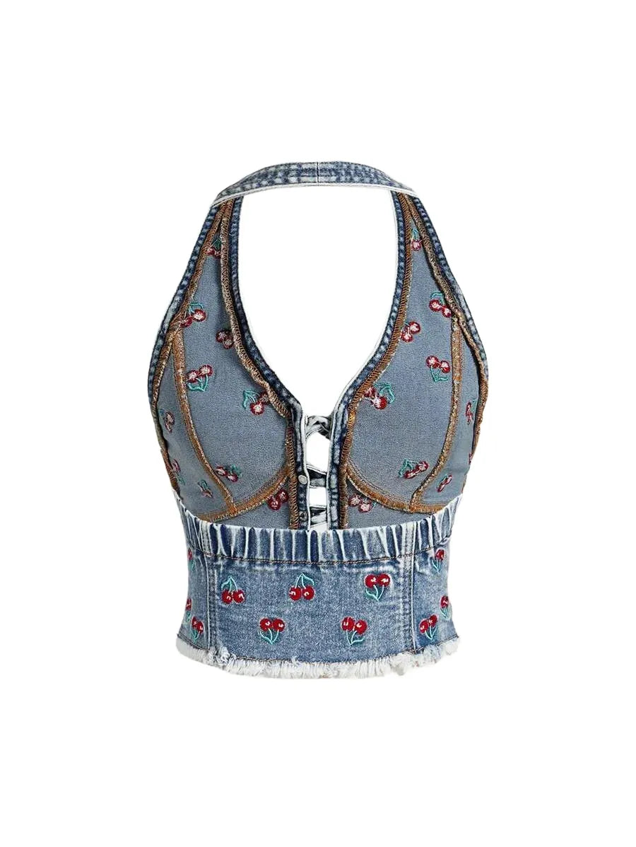 Womens Denim Halter Jacket With Front Tie And Cherry Pattern