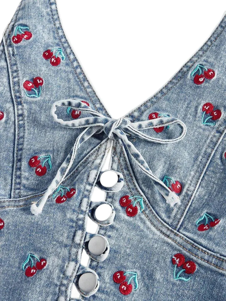 Womens Denim Halter Jacket With Front Tie And Cherry Pattern