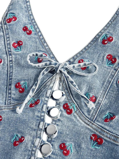 Womens Denim Halter Jacket With Front Tie And Cherry Pattern