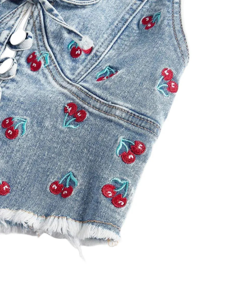 Womens Denim Halter Jacket With Front Tie And Cherry Pattern