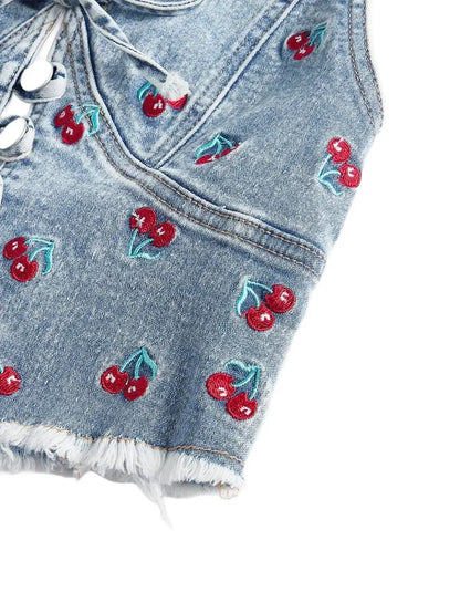 Womens Denim Halter Jacket With Front Tie And Cherry Pattern