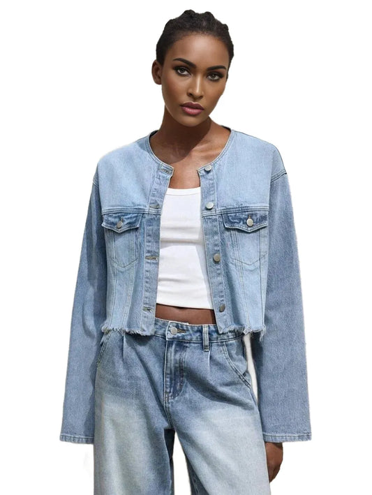 Womens Denim Jacket Casual Fitted Long Sleeve Short Style Blue