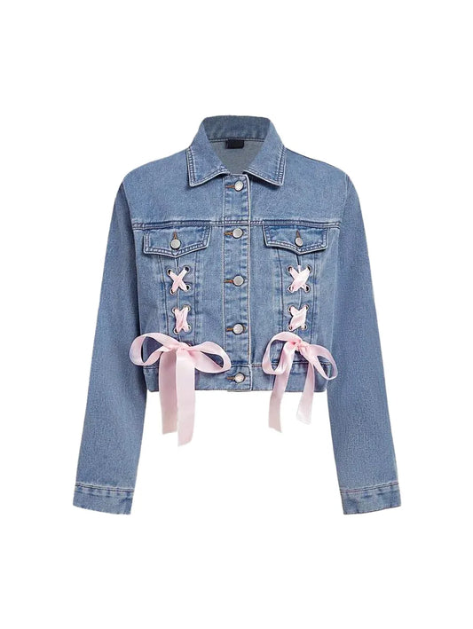 Womens Denim Jacket Sweet Long Sleeve Tie Hem Short Style Blue