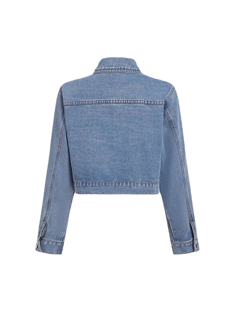 Womens Denim Jacket Sweet Long Sleeve Tie Hem Short Style Blue