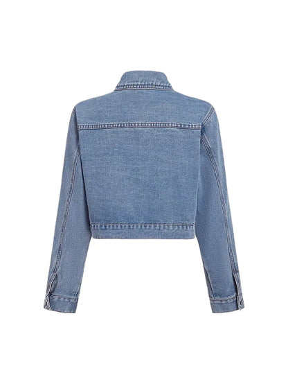 Womens Denim Jacket Sweet Long Sleeve Tie Hem Short Style Blue