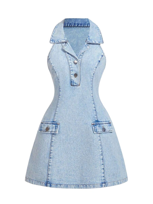 Womens Denim Mini Dress Casual Fitted Halter Neck Blue