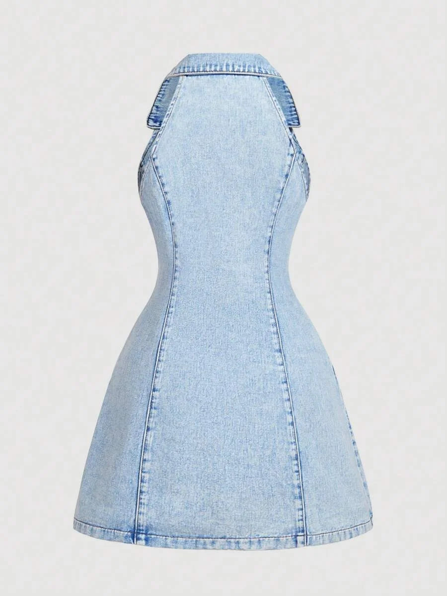 Womens Denim Mini Dress Casual Fitted Halter Neck Blue