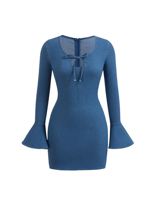 Womens Denim Mini Dress Sexy Bodycon Stretch Long Sleeve Blue