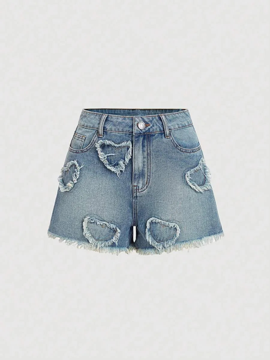 Womens Denim Shorts Casual Fitted Heart Design Blue
