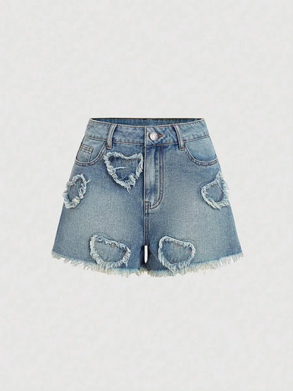 Womens Denim Shorts Casual Fitted Heart Design Blue