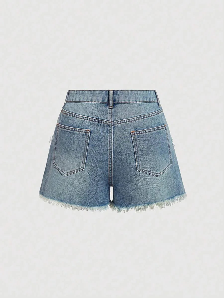 Womens Denim Shorts Casual Fitted Heart Design Blue