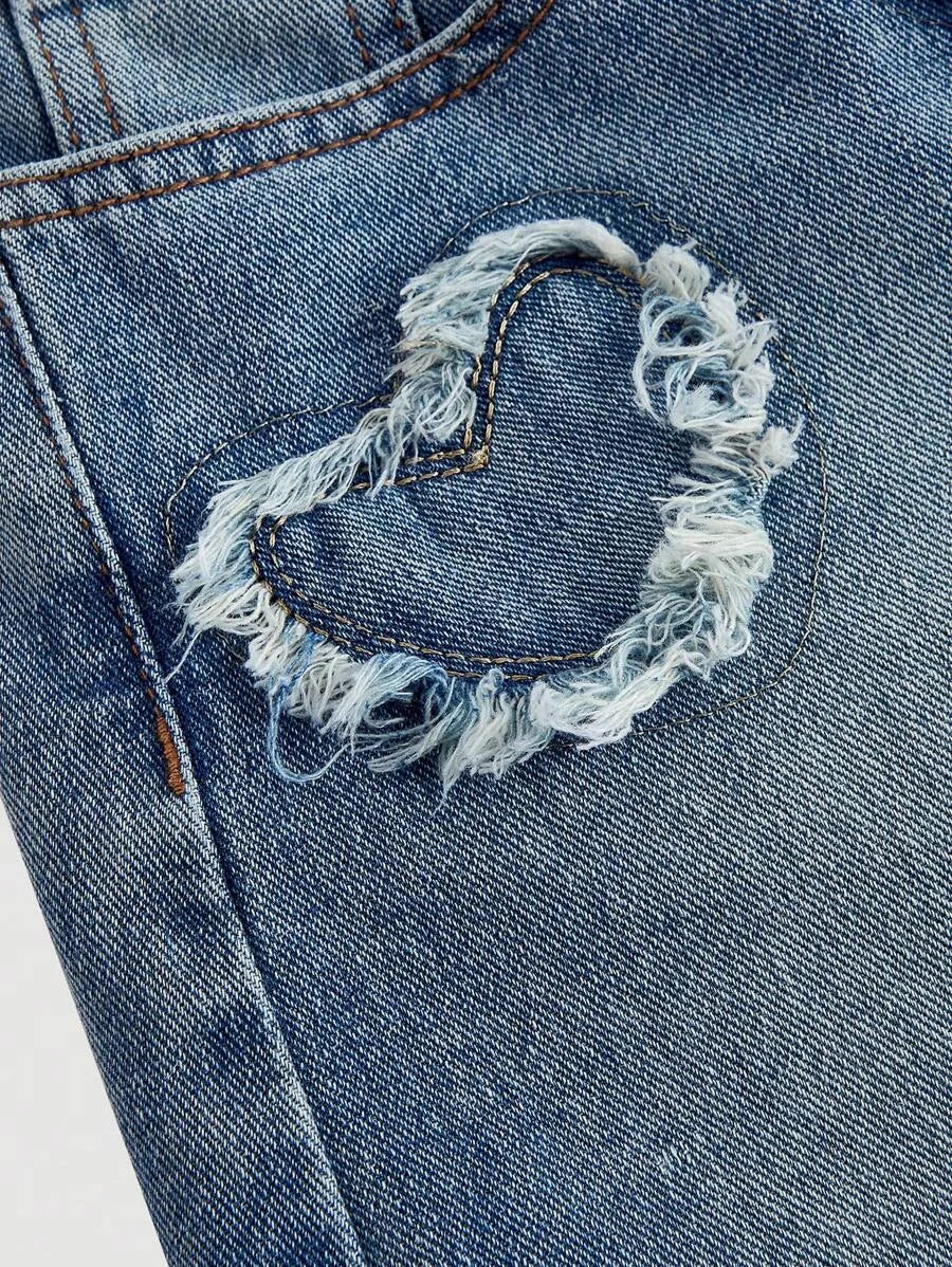 Womens Denim Shorts Casual Fitted Heart Design Blue