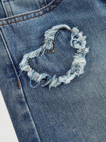 Womens Denim Shorts Casual Fitted Heart Design Blue