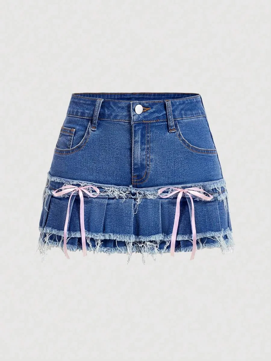 Womens Denim Skirt With Ruffled Double Layer Hem Bow Decorated Pockets