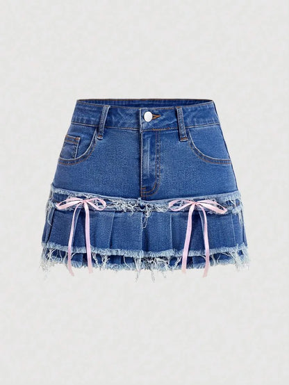 Womens Denim Skirt With Ruffled Double Layer Hem Bow Decorated Pockets