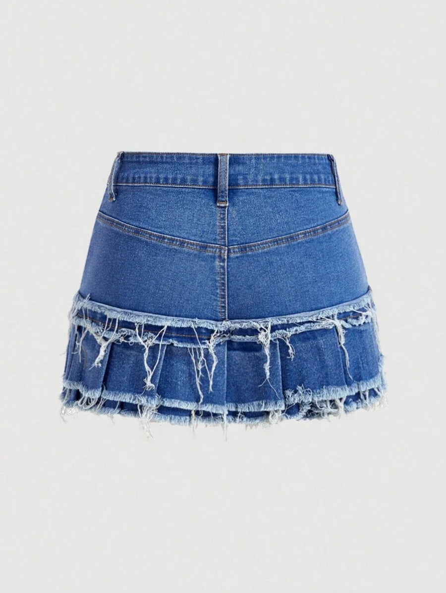 Womens Denim Skirt With Ruffled Double Layer Hem Bow Decorated Pockets