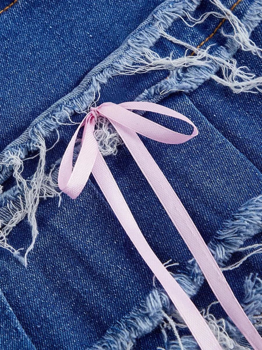 Womens Denim Skirt With Ruffled Double Layer Hem Bow Decorated Pockets