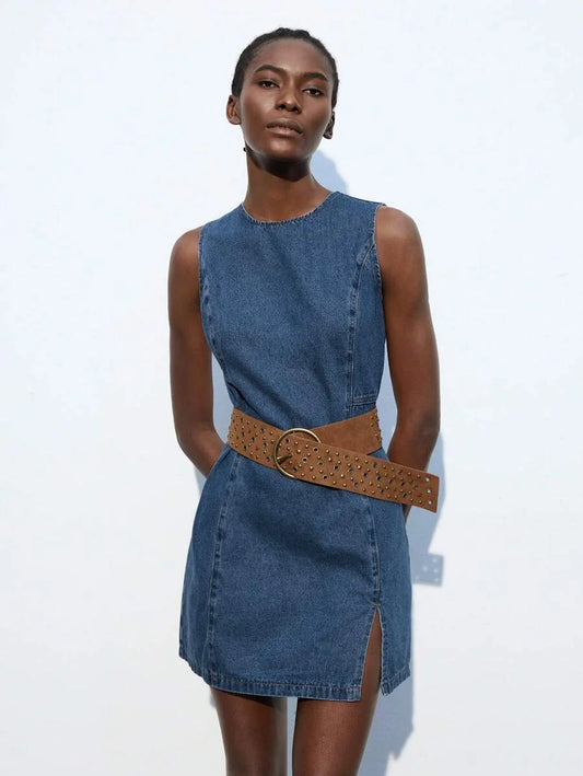 Womens Denim Sleeveless Fitted Mini Dress Casual Blue