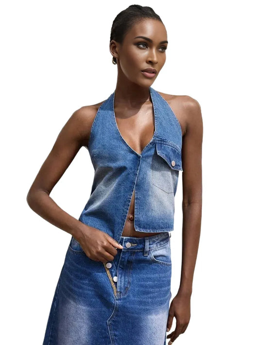 Womens Denim Tops Halter Neck Vest Spring And Summer Denim Tops