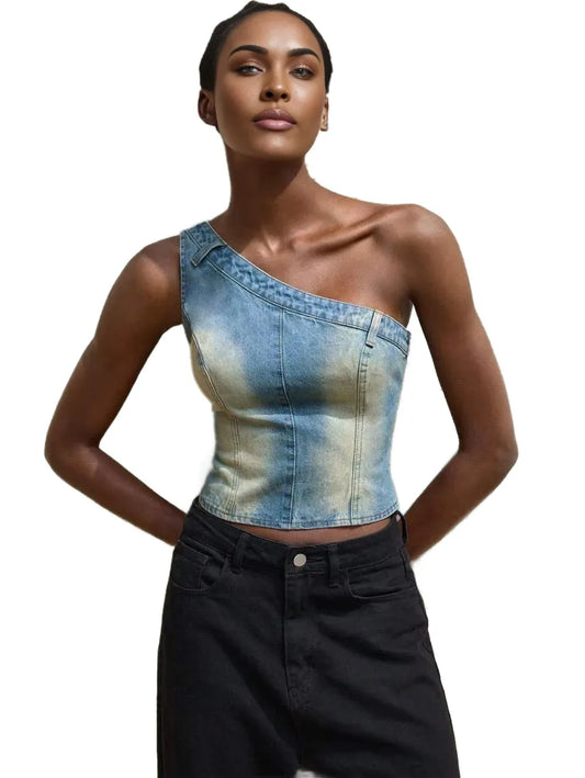Womens Denim Tops Retro Blue Sloping Shoulders Spring And Summer Denim Tops