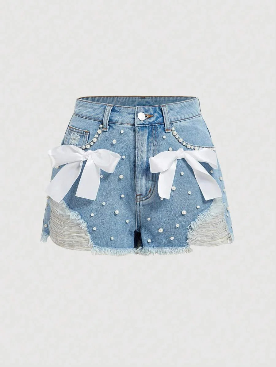 Womens Distressed Denim Shorts With Pocket Insert Frayed Hem And Bow Decoration