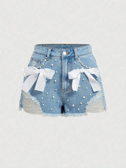 Womens Distressed Denim Shorts With Pocket Insert Frayed Hem And Bow Decoration