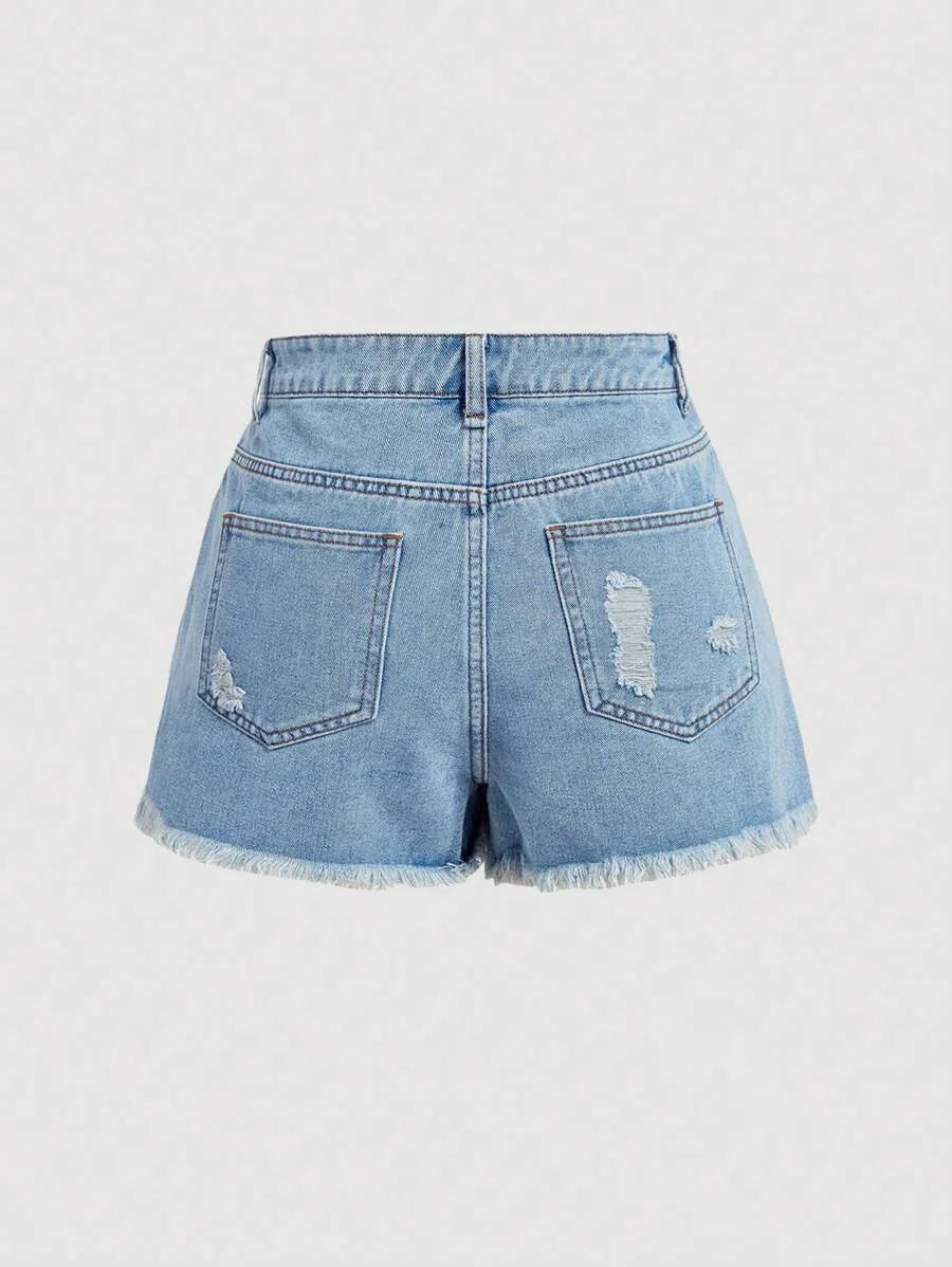 Womens Distressed Denim Shorts With Pocket Insert Frayed Hem And Bow Decoration