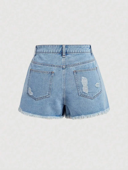 Womens Distressed Denim Shorts With Pocket Insert Frayed Hem And Bow Decoration
