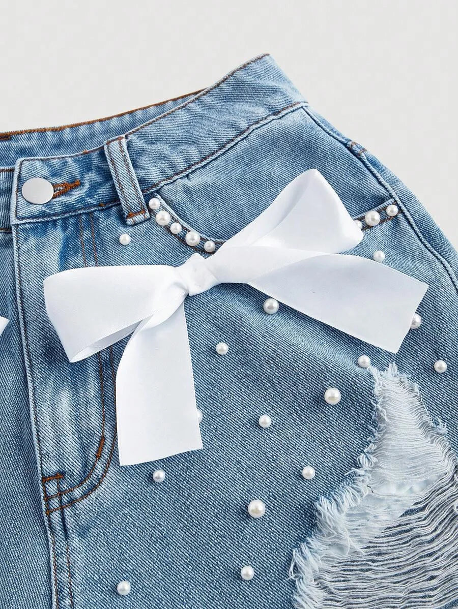 Womens Distressed Denim Shorts With Pocket Insert Frayed Hem And Bow Decoration