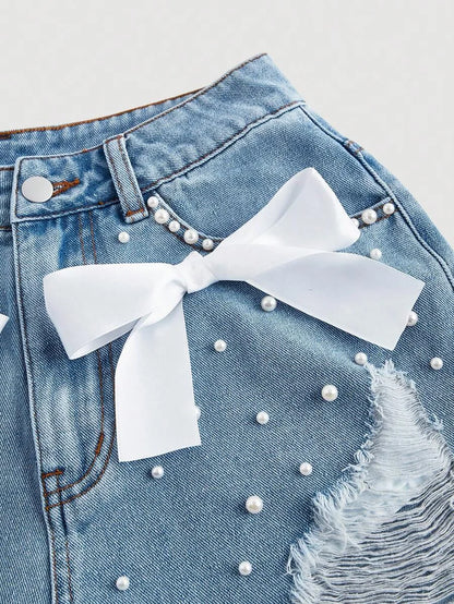 Womens Distressed Denim Shorts With Pocket Insert Frayed Hem And Bow Decoration