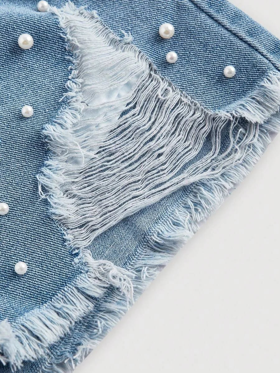 Womens Distressed Denim Shorts With Pocket Insert Frayed Hem And Bow Decoration