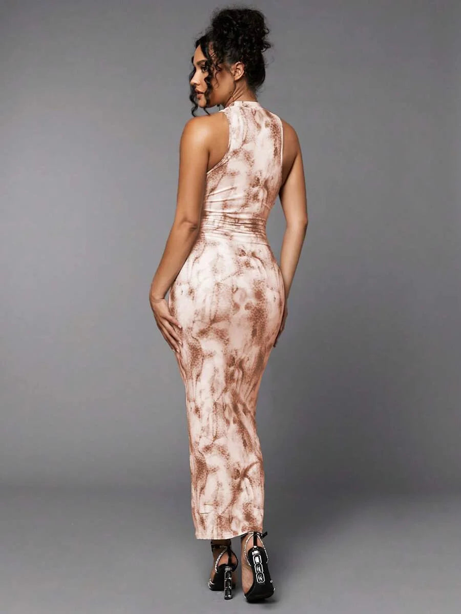 Womens Elegant Brown TieDye Maxi Dress Sleeveless Stand Collar Ruched Detail And FormFitting